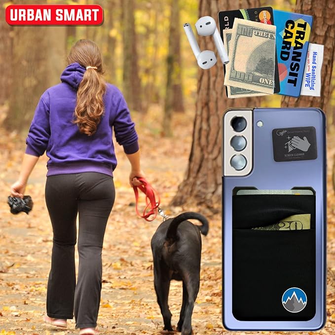 Gecko Travel Tech Double Pocket - Adhesive Card Holder - Cell Phone Pouch - Stick on Spandex Pocket - Carry Credit Cards and Cash (Mountain)