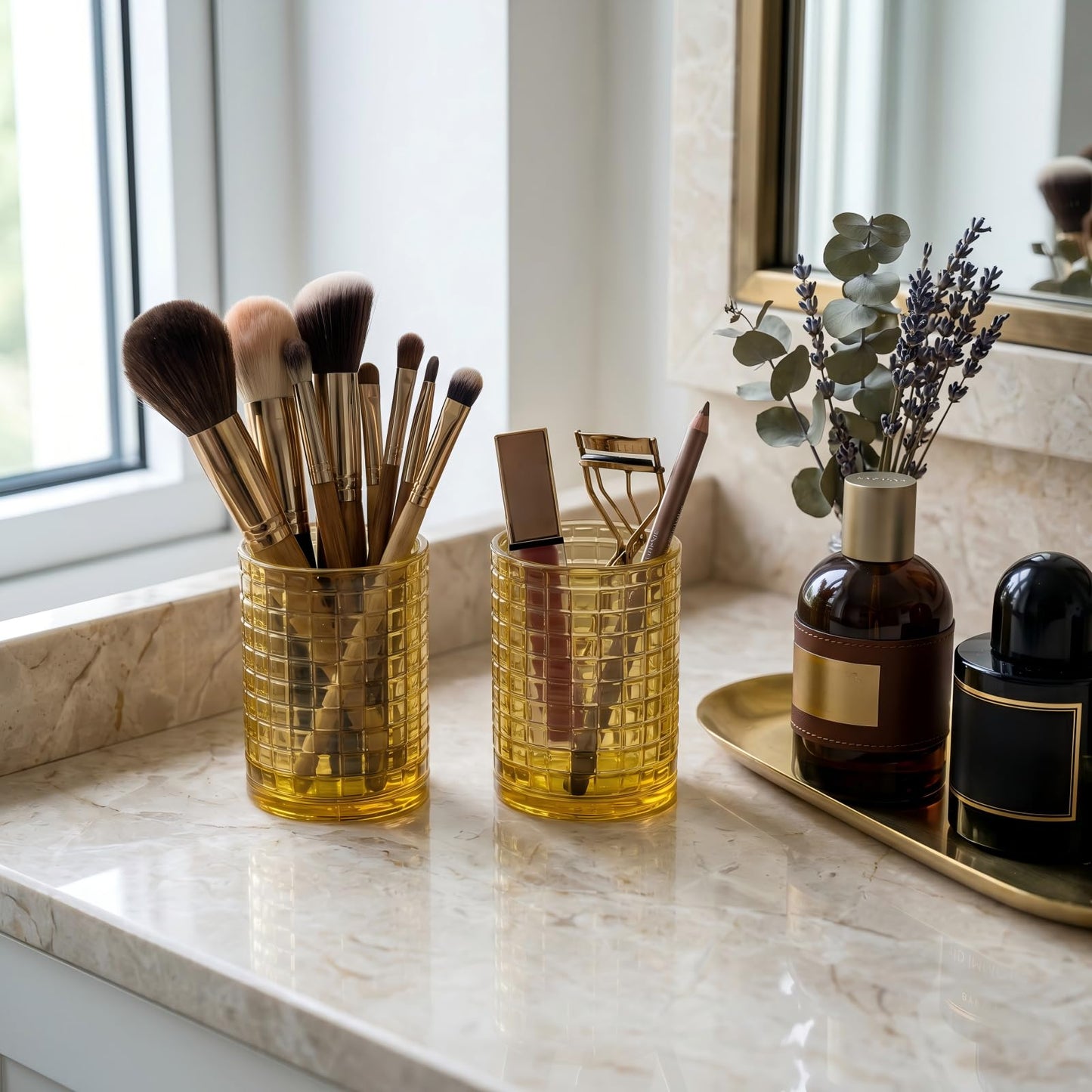 Makeup Brush Holder Organizer, Grid Pattern Glass Storage Box Container, Multifunctional Toothbrush Desk Pen Pencil Holder for Crystal Home Decor, Table Centerpiece, Wedding, Party(Gold 2 Pack)