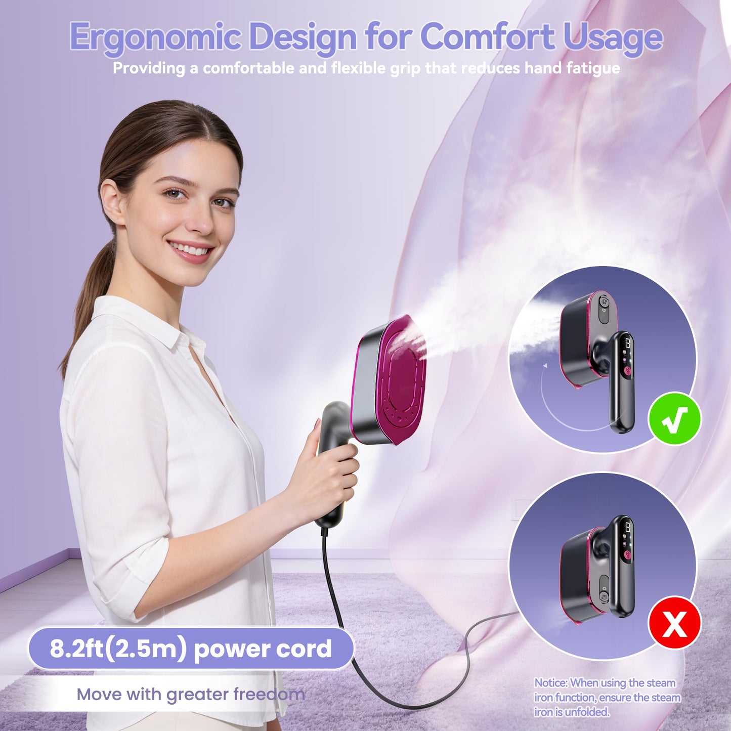 Travel Steamer for Clothes, 2-in-1 Clothes Steamer Handheld & 4 Modes LCD Display Portable Steam Iron, Hand Steamer for Clothes 1200W 15S Fast Heat-up 180ml Tank for 20Min Garment Steamer, 100-120V