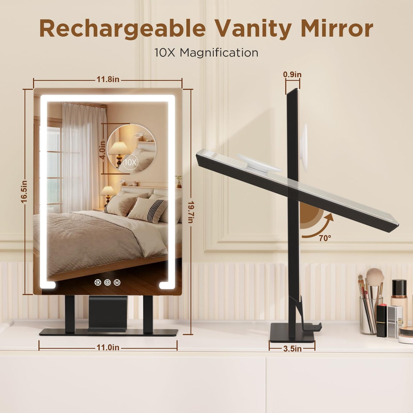 FRANO Vanity Mirror with Lights, 3 Color Lighting Modes, Detachable 10x Magnification, 4000mAh Rechargeable Lighted Makeup Mirror, Smart Touch Control, Phone Holder, for Vanity Desk Tabletop