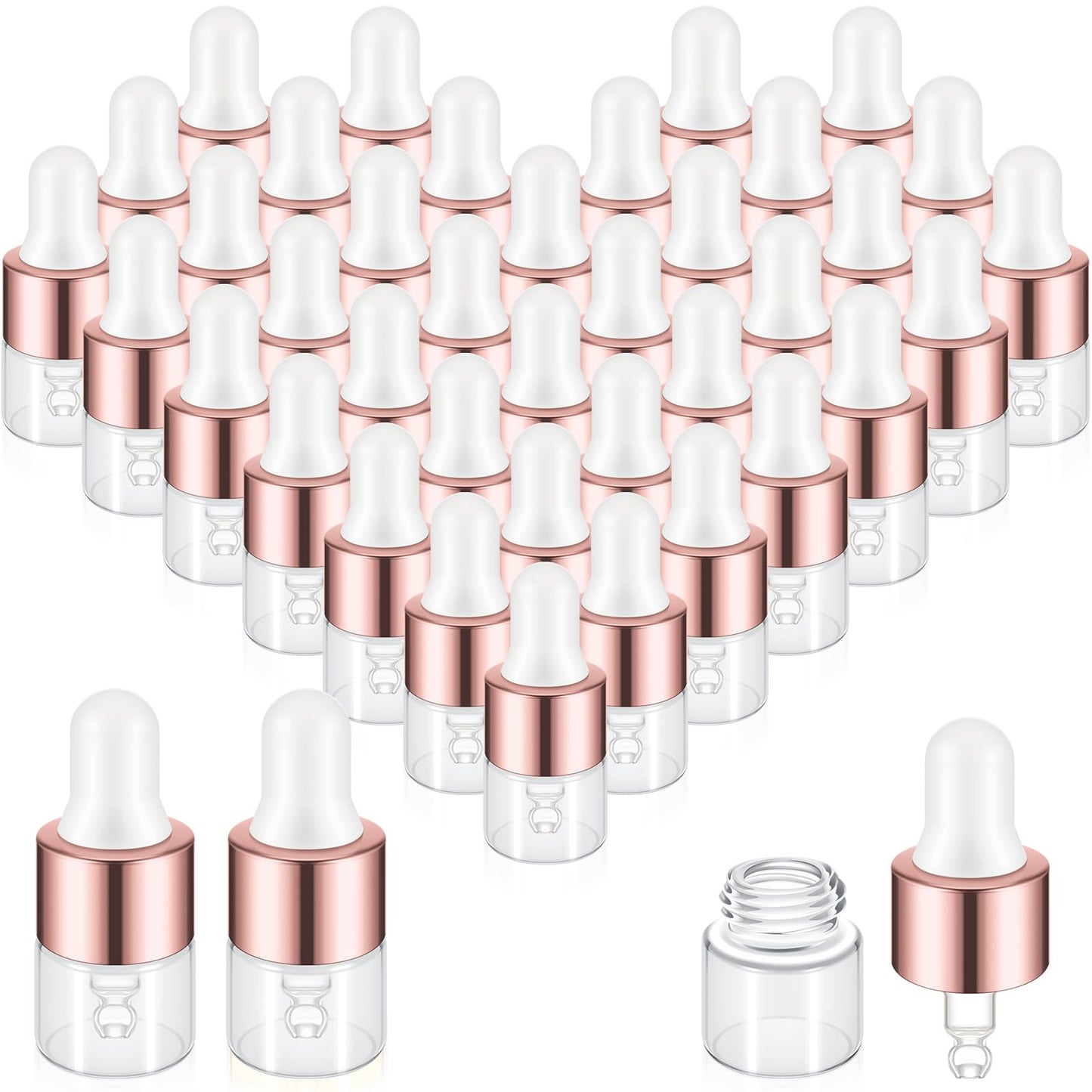 Didaey 100 Pcs 1 ml Mini Glass Oil Dropper Bottle Bulk, Clear Essential Small Empty Bottles Sample Containers Perfume Liquid Vials with Cap for Traveling (Rose Gold)