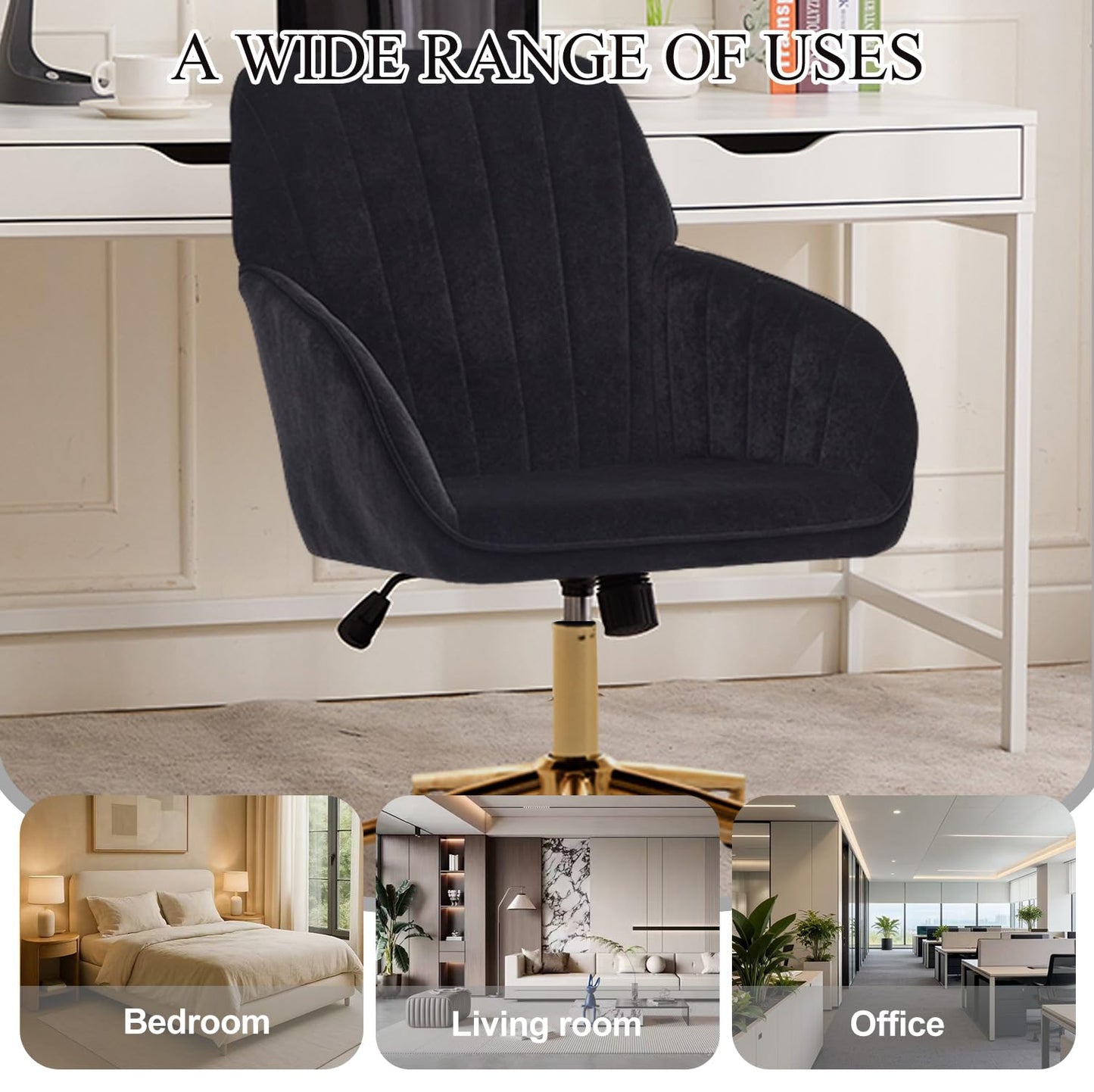 Klwenas Maec Black Velvet Desk Chair for Home Office, Modern Adjustable Computer Task Chair Swivel Chair Cute Vanity Chairs with Arm Rest for Bedroom Living Room Make-up Room (Black-Gold)