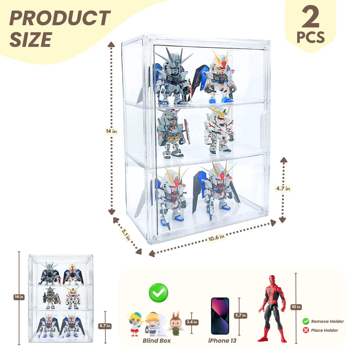 2 Pack Acrylic Display Case, 2/3 Layer Adjustable Figure Display Case, Wall-Mounted Dustproof Showcase for Collectibles Action Figure (2, 3 Tiers)