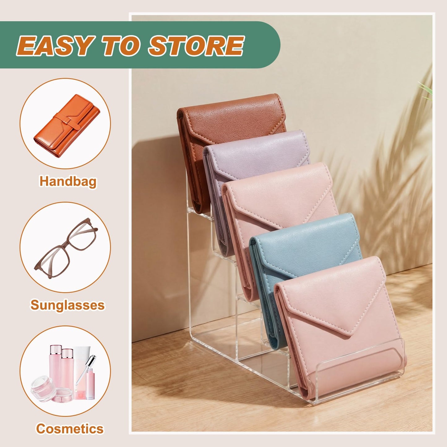 Kathfly 2 Pack 5-tier Acrylic Display Stand for Purses & Wallets, Clear Riser Organizer Shelf for Perfume, Sunglasses, Cosmetics, Tiered Countertop Vendor Display for Fairs, Retail