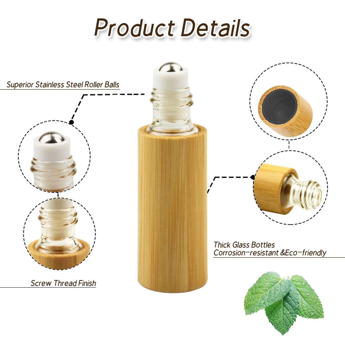 AUHOKY 12Pcs Bamboo Roll on Bottles for Essential Oils, Portable Massage Oil Bottle with Stainless Steel Roller Ball, Reusable Travel Perfumes Sample Lip Gloss Container (1 Opener) (5ML)