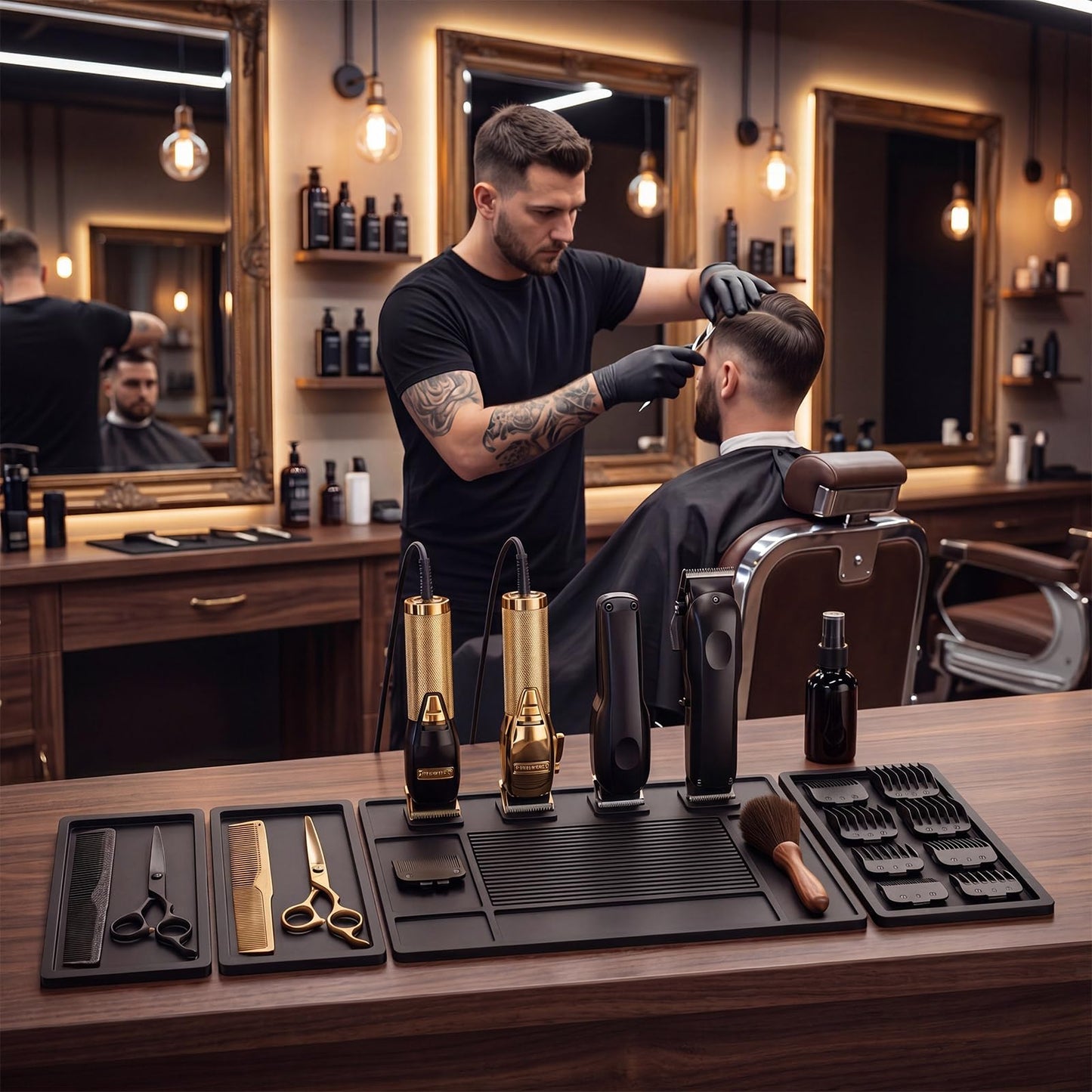 Novabright 4 Pcs Magnetic Barber Mat for Clippers Black Barber Tool Organizer Mat for Clippers and Salon Tools Heat Resistant Silicone Beauty Salon Table Mats Non-slip Barbershop Accessories