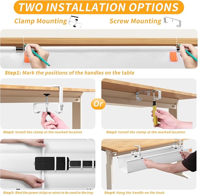Under Desk Cable Management Tray, No Drill Desk Cord Organizer with Clamp, 36" Fabric Cable Management for Standing Desk Office & Home, White