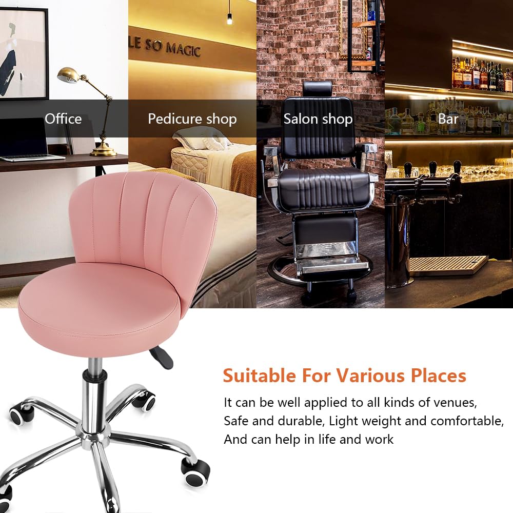 KKTONER Rolling Stool with Backrest Height Adjustable Office Chair PU Leather Swivel Vanity Chair with Wheels (Pink)
