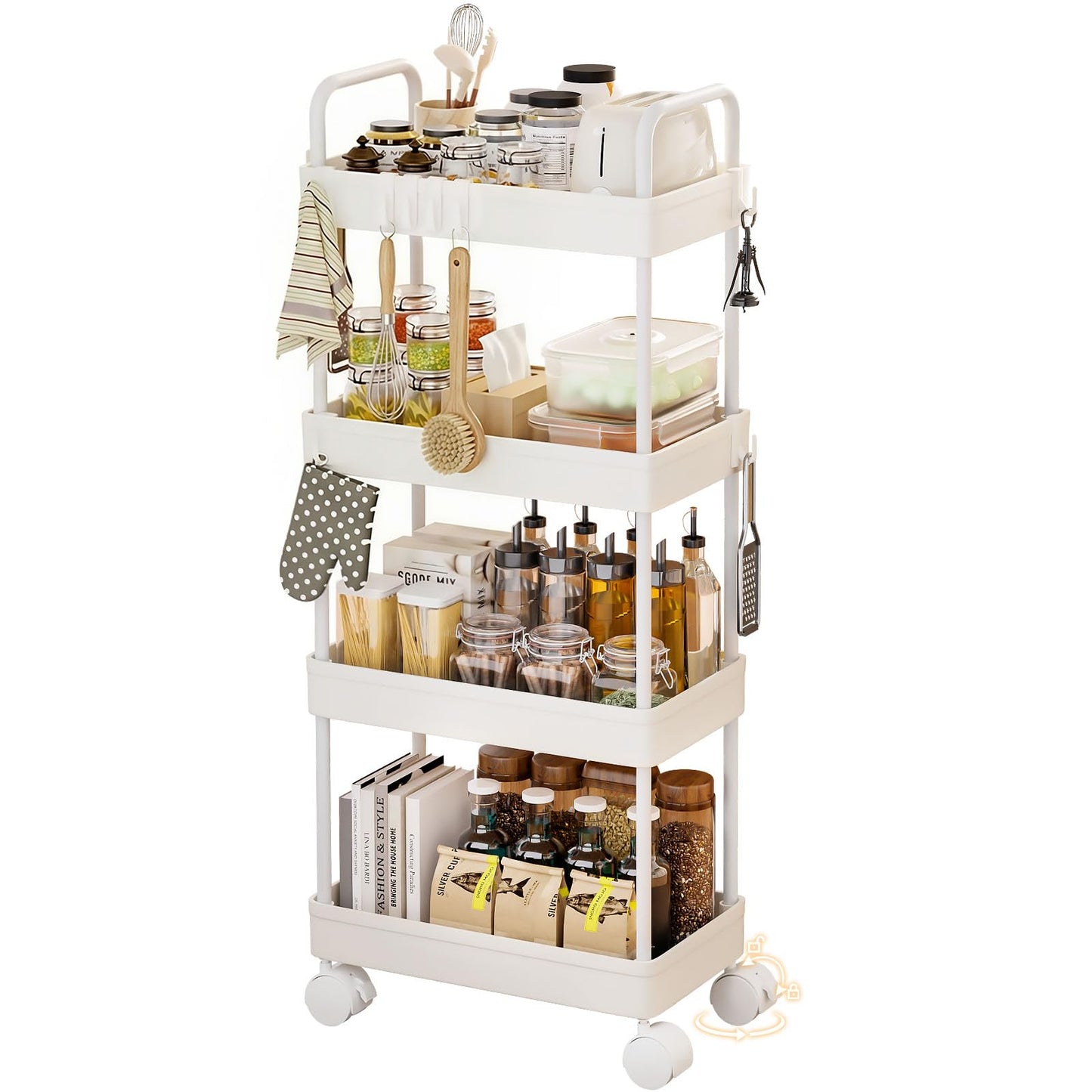 Homde Slim Rolling Cart for Kitchen: 4-Tier Space-Saving Narrow Floor Organizer - 37.4in Tall Vertical Storage for Bottles & Jars - Locking Wheels 8 Hooks for Hang & Grab