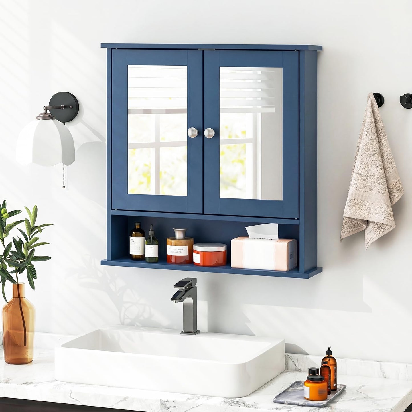 Tangkula Bathroom Medicine Cabinet with Mirror, Wall Mounted Wooden Hanging Organizer with Doors and Shelves, Bathroom Wall Mirror Cabinet (Mirror Doors, Blue)