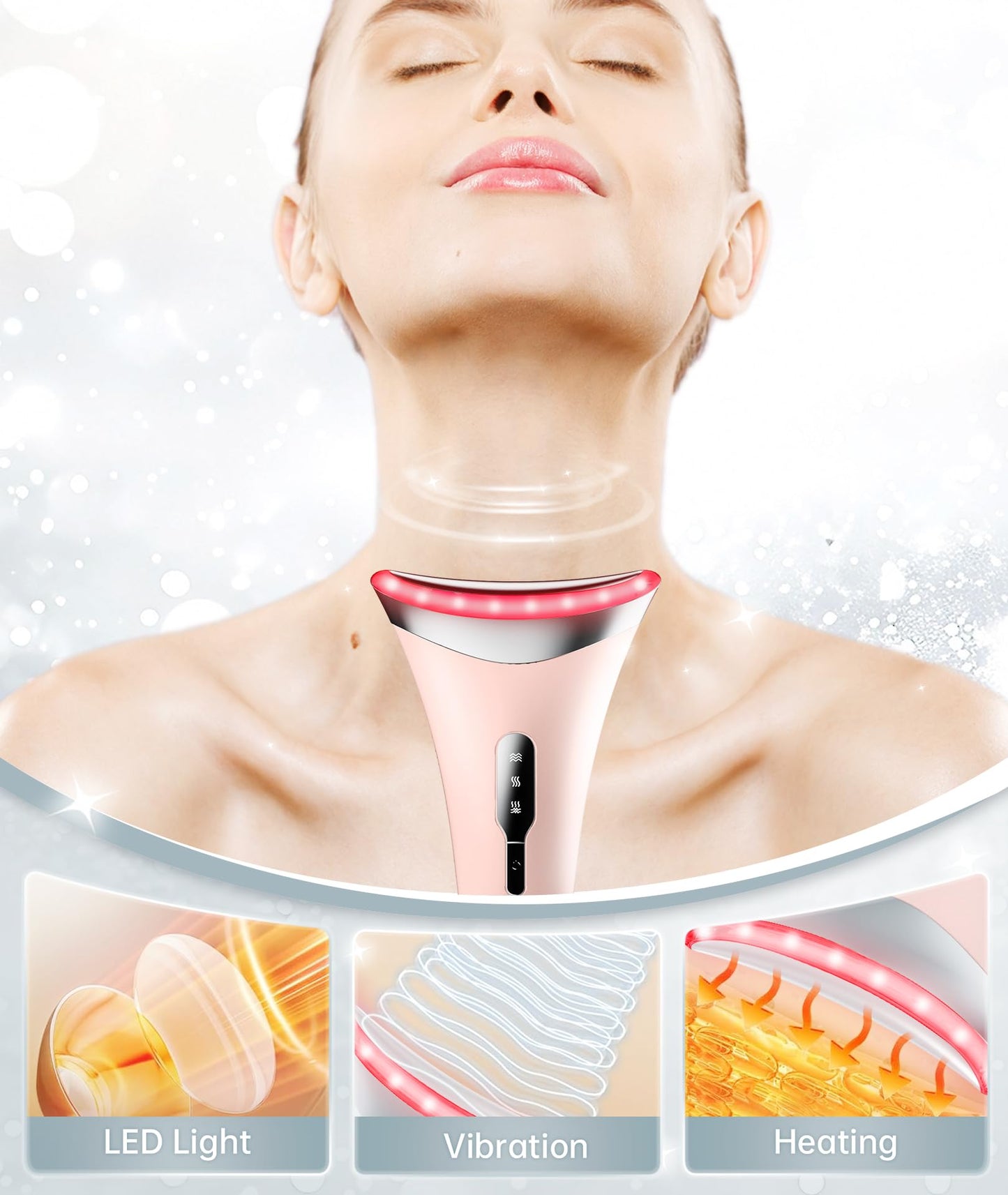 Dopsikn 7 Color Light Therapy Facial Massager with Adjustable Vibration and Thermals for Wrinkles, Double Chin, Red Light Skin Care Tool with Base, Pink