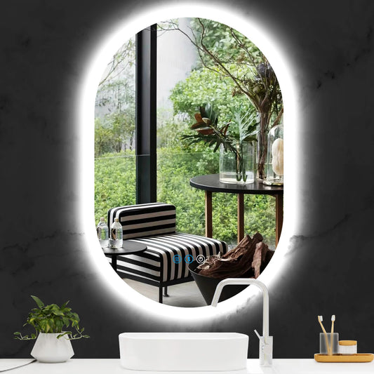 THEKLA Oval Lighted Mirror for Bathroom Wall Horizontal Vertical Mount Makeup 16 x 24 Inch Oval Backlit Vanity Mirror with Lights Smart Memory 3 Color Dimmable AntiFog Back Light up LED Ovals Mirror