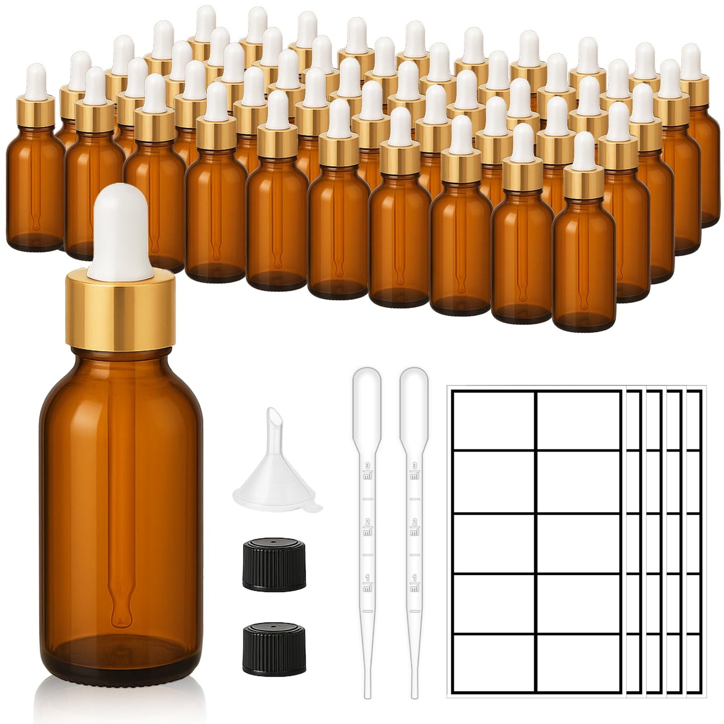 UPBUD 50Pack 1oz Amber Glass Dropper Bottles with Gold Lids, Funnels, Droppers, Extra Caps & Labels – Leakproof, UV Resistant 30ml Empty Bottle for Tinctures, Essential Oils, Beard, Hair Oils