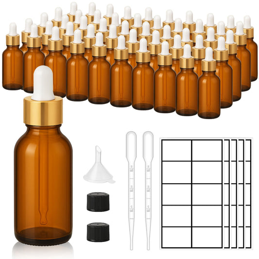 UPBUD 50Pack 1oz Amber Glass Dropper Bottles with Gold Lids, Funnels, Droppers, Extra Caps & Labels – Leakproof, UV Resistant 30ml Empty Bottle for Tinctures, Essential Oils, Beard, Hair Oils