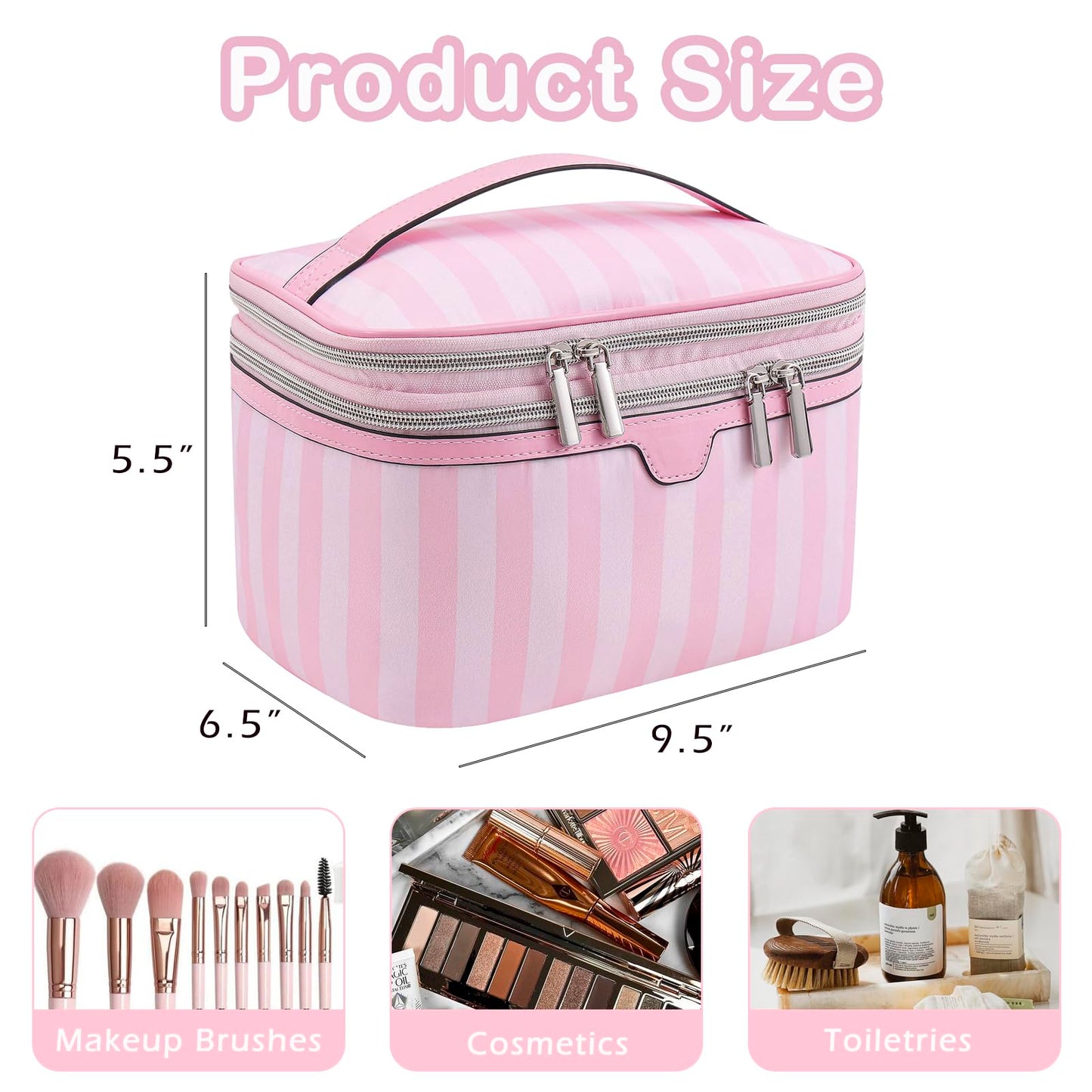 RSRSLEII Large Waterproof Double Layer Travel Makeup Bag, Aesthetic Nylon Striped Cosmetic Case，Coquette Traveling Toiletry Bag With Handle，Ideal for Women and Girls(01Top Open)