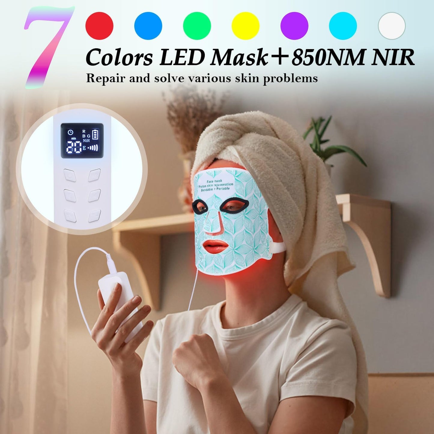 Red Light Therapy for Face, 8 Colors LED Face Mask with 850nm Near Infrared, 3000 mAh Rechargeable Portable Red Light Therapy Mask Skin Care Device for Anti-Aging & Wrinkles, Home & Travel Use