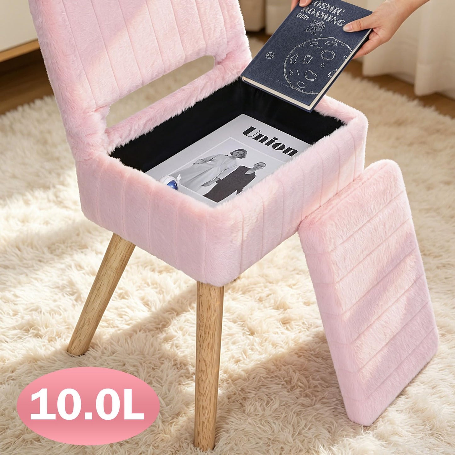 KANEODOT Vanity Stool with Storage & Folding Backrest,Faux Rabbit Fur Small Makeup Chair with 4 Solid Wood Legs,11.4" D x 14.9" W x 28.7" H,Soft Ottoman for Living Room,Bedroom,Closet,Pink