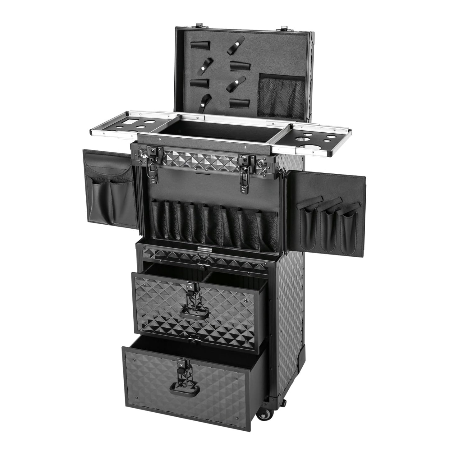 Kebayuneth Rolling Lockable Makeup Train Case, Hairdressing Travel Case with Wheels, Large Storage Cosmetic Trolley Makeup Rolling Train Case with Hairdryer Holder for Families, Barber Stores