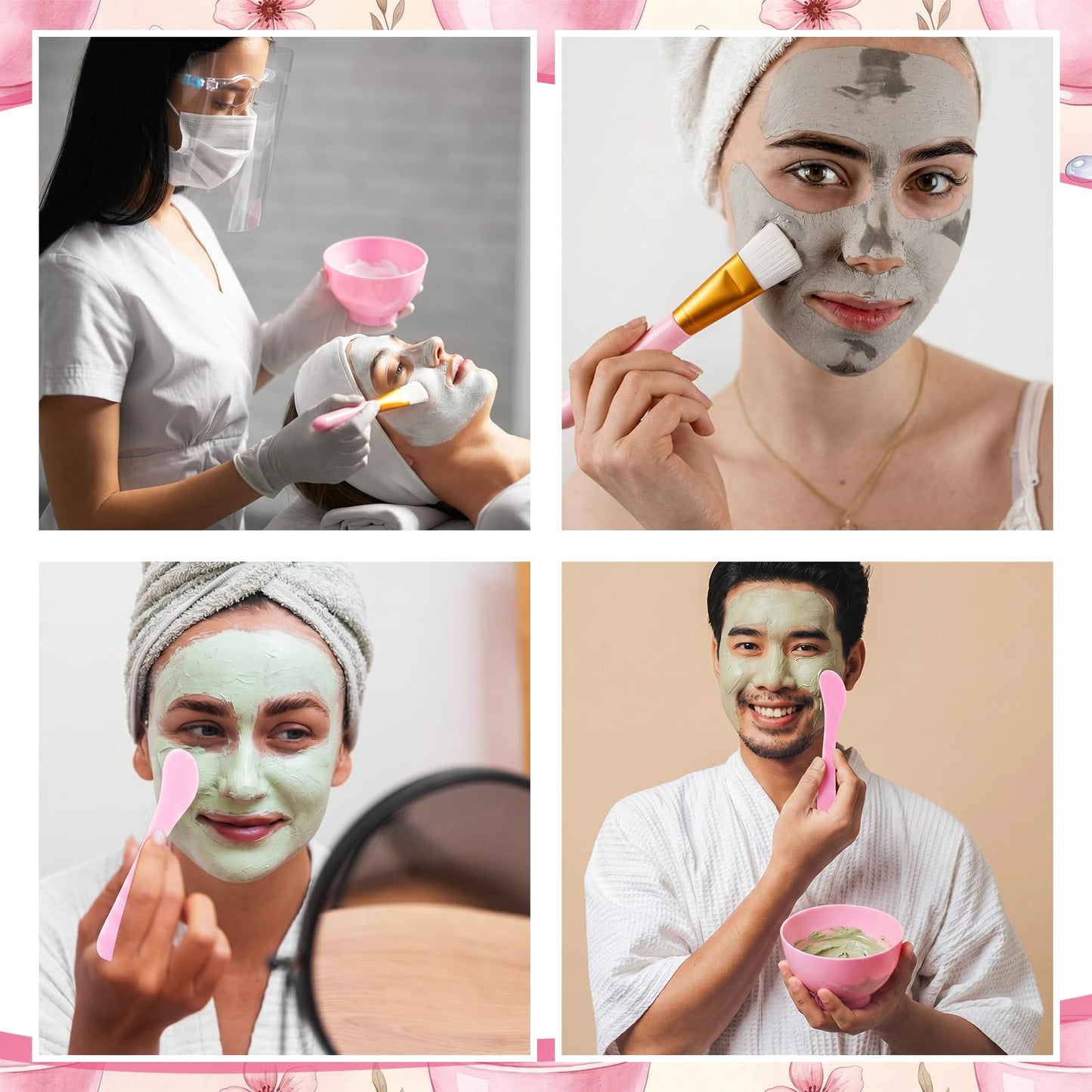 Ferrochef 6 Sets Face Mask Mixing Bowl Set, 30 Pcs 5 in 1 DIY Tool Kit with Facial Mask Bowl Stick Spatula Silicone Soft Brush Smooth Pink Facial Brushes