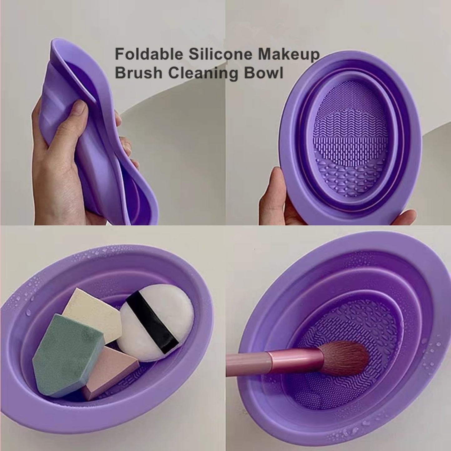 YZEASYPINK 360 Rotating Makeup Brush Holder with Lid Clear Dustproof Make Up Organizers for Vanity Countertop Includes a Foldable Bowl for Cleaning Makeup Brush,Transparent, Dustproof-Purple