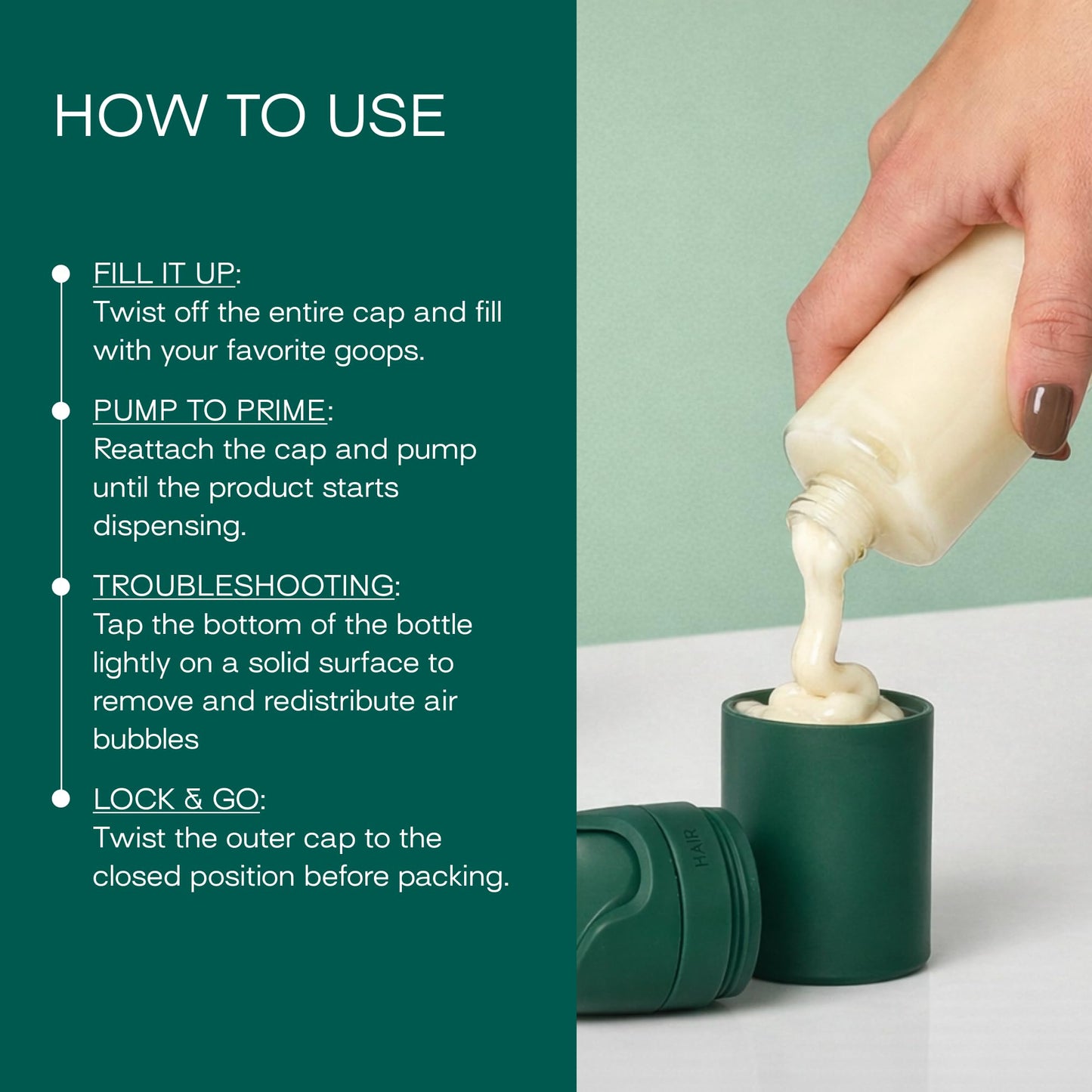 RIES Essential Refillable Toiletry Travel Bottles – Set of 5 (3.4oz & 1.7oz) Airless Pump Containers for Shampoo, Conditioner, Body, Face – Leak-Proof, TSA-Approved, Dishwasher Safe- Escapade Green