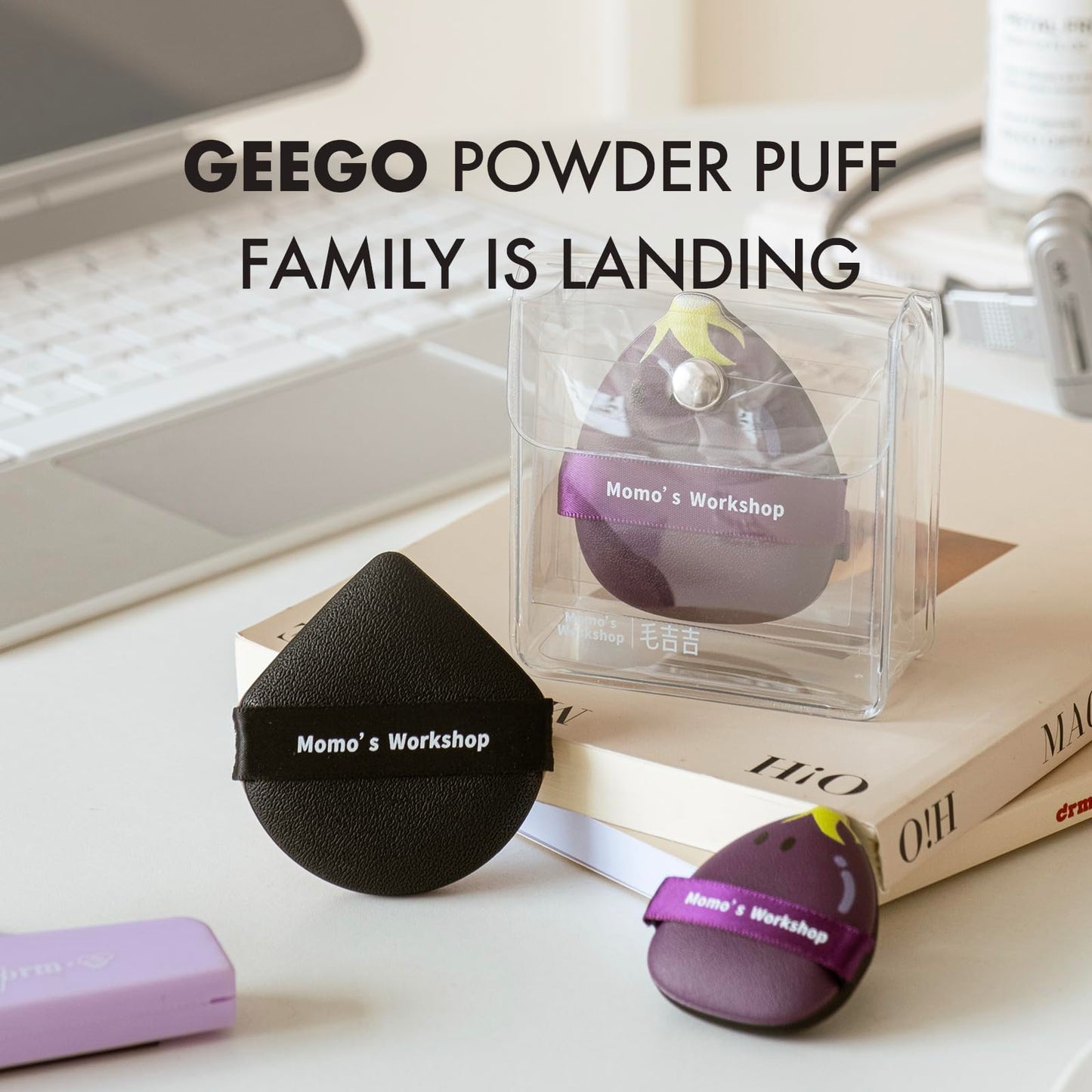 Momo's Workshop Makeup Sponge Water Drop 3Pcs Lychee PU Puff Dry/Wet for Foundation