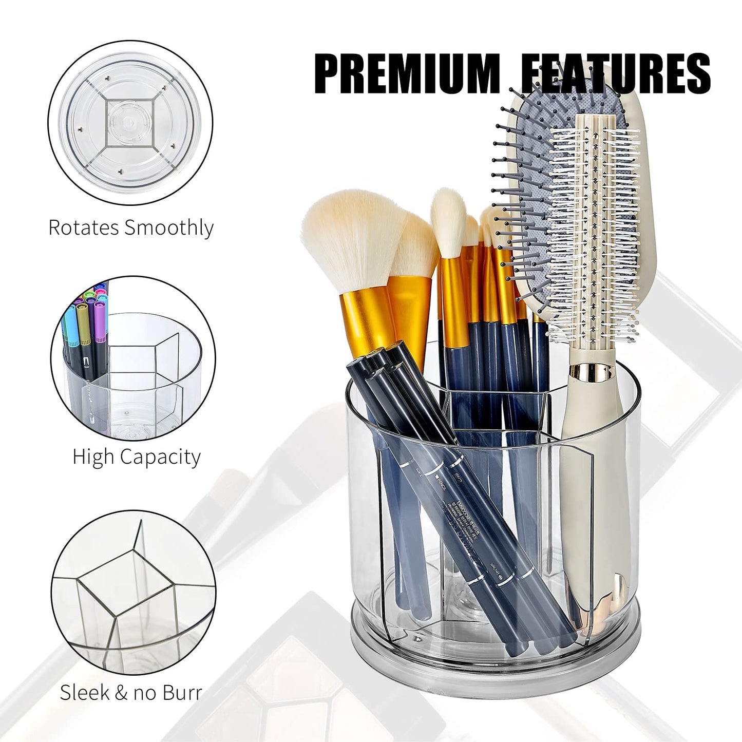 Makeup Brush Holder Organizer -Rotating 360° Clear Storage Cup Containers for Vanity, Desk, Countertop, Spinning Pen Holder for Desk, Round Make up Brush Stand with 5 Slots, for Cosmestics (Clear)