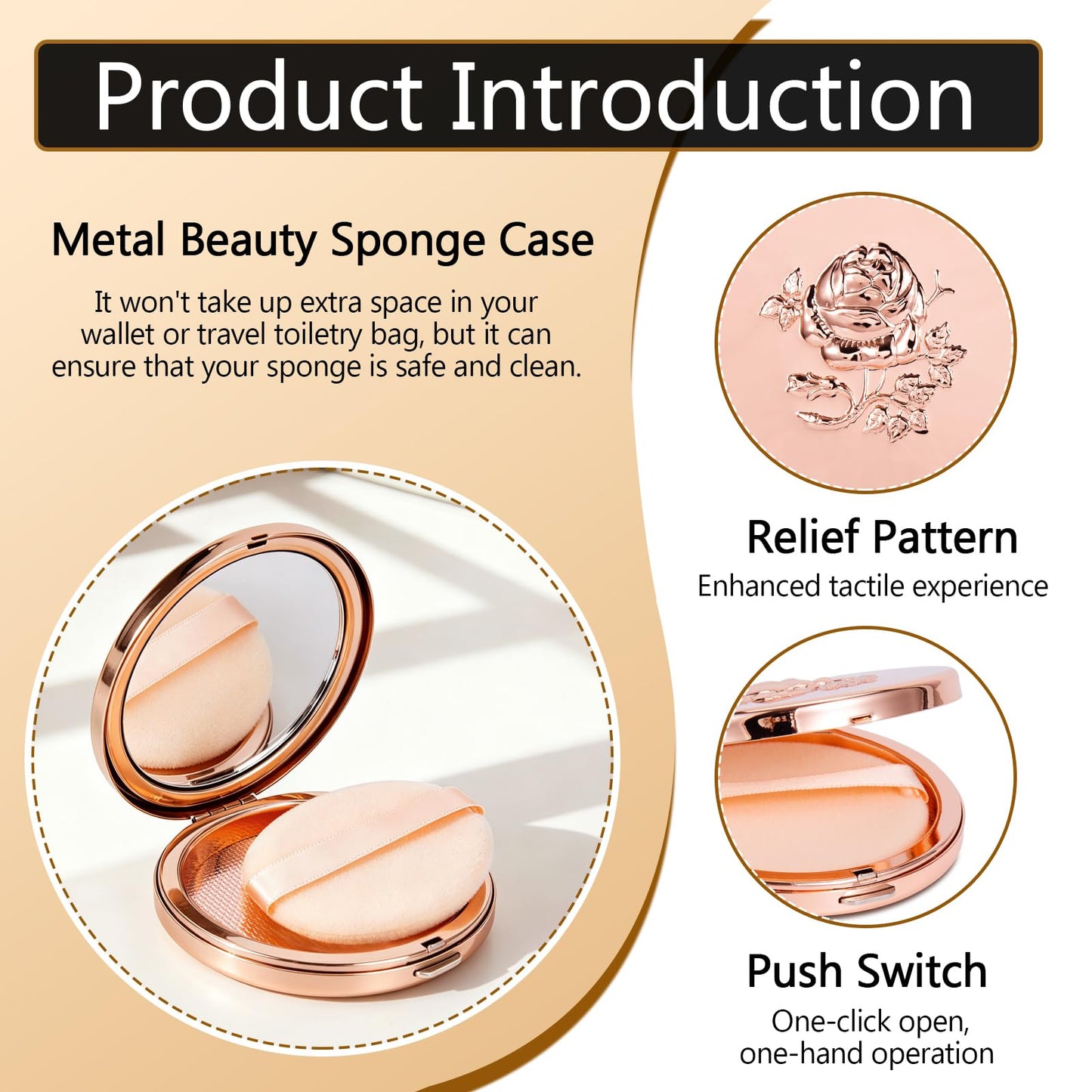 Fashion Creative Luxury Metal Beauty Sponge Case, Rose Gold Pattern, 7 cm Compact Mirror Case with Puff, Travel Makeup Powder Holder (Rose)