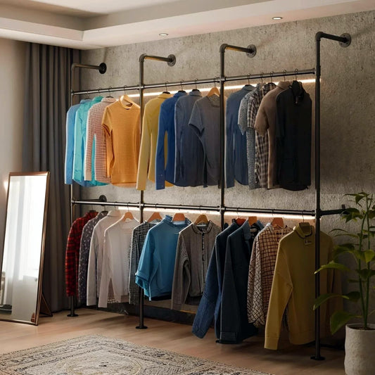KADIGANG Industrial Pipe Black Clothing Racks Wall Mounted, Rustic Industrial Pipe Clothes Rack Design - Stylish & Heavy Duty Corner Garment Racks, Perfect for Home or Retail Display