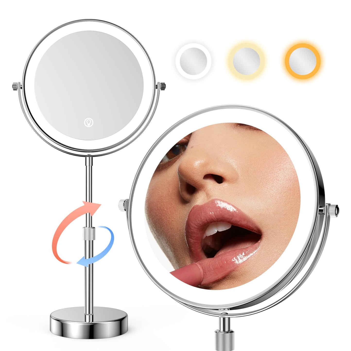 Nicesail LED Lighted Makeup Mirror Tabletop, 10X Magnifying Mirror with 3 Color Lights, Brightness Adjustable Height, Light up for Desk Make up Vanity Table, Double Sided Chrome Finish (8 Inch, 10X)