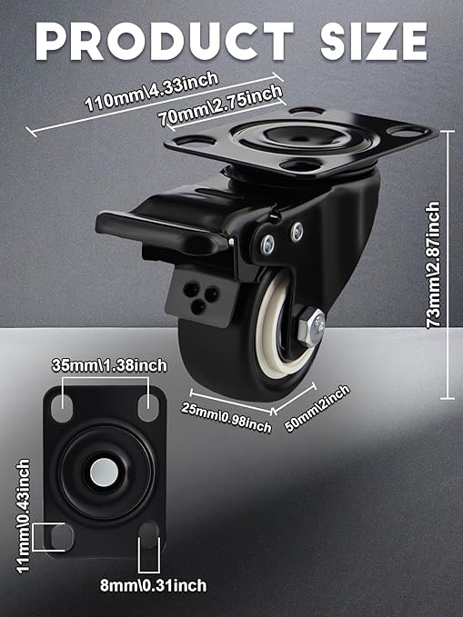 2 Inch Caster Wheels Set of 28 Heavy Duty Casters,with Brake,No Noise Locking Polyurethane (PU) Wheels, for Furniture and Workbench Load 800lbs