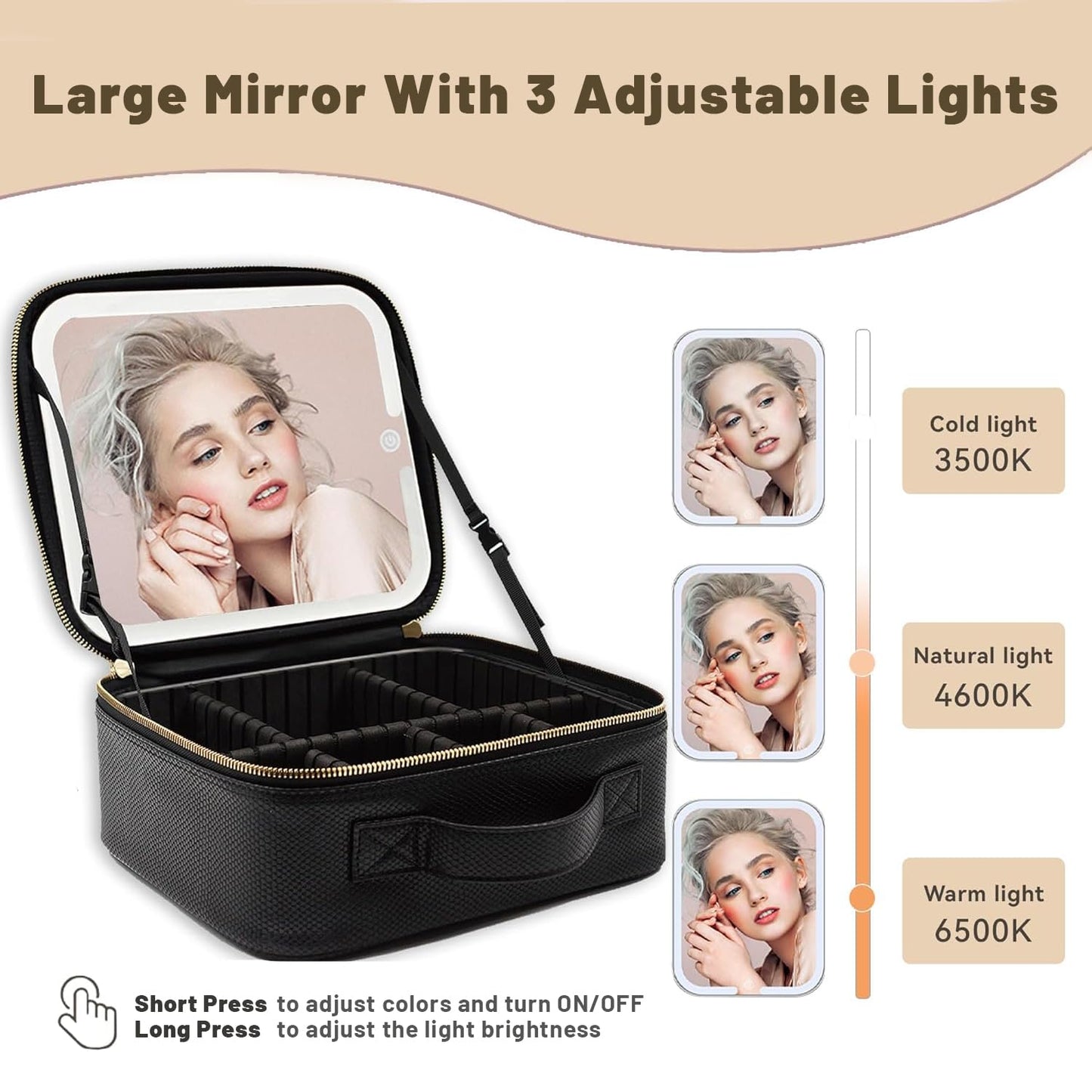 PRALENA Travel Makeup Bag with LED Mirror – 3 Brightness Modes, Portable Lighted Makeup Case with Adjustable Dividers, Cosmetic Organizer Gift for Women (Black)
