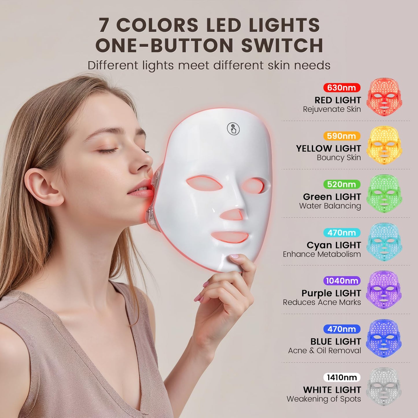 TOYHIS LED Face Mask Light Therapy,LED Light Therapy Mask for Face，Portable 7 Colors LED Facial Skin Care Mask for Home Use,Rechargeable