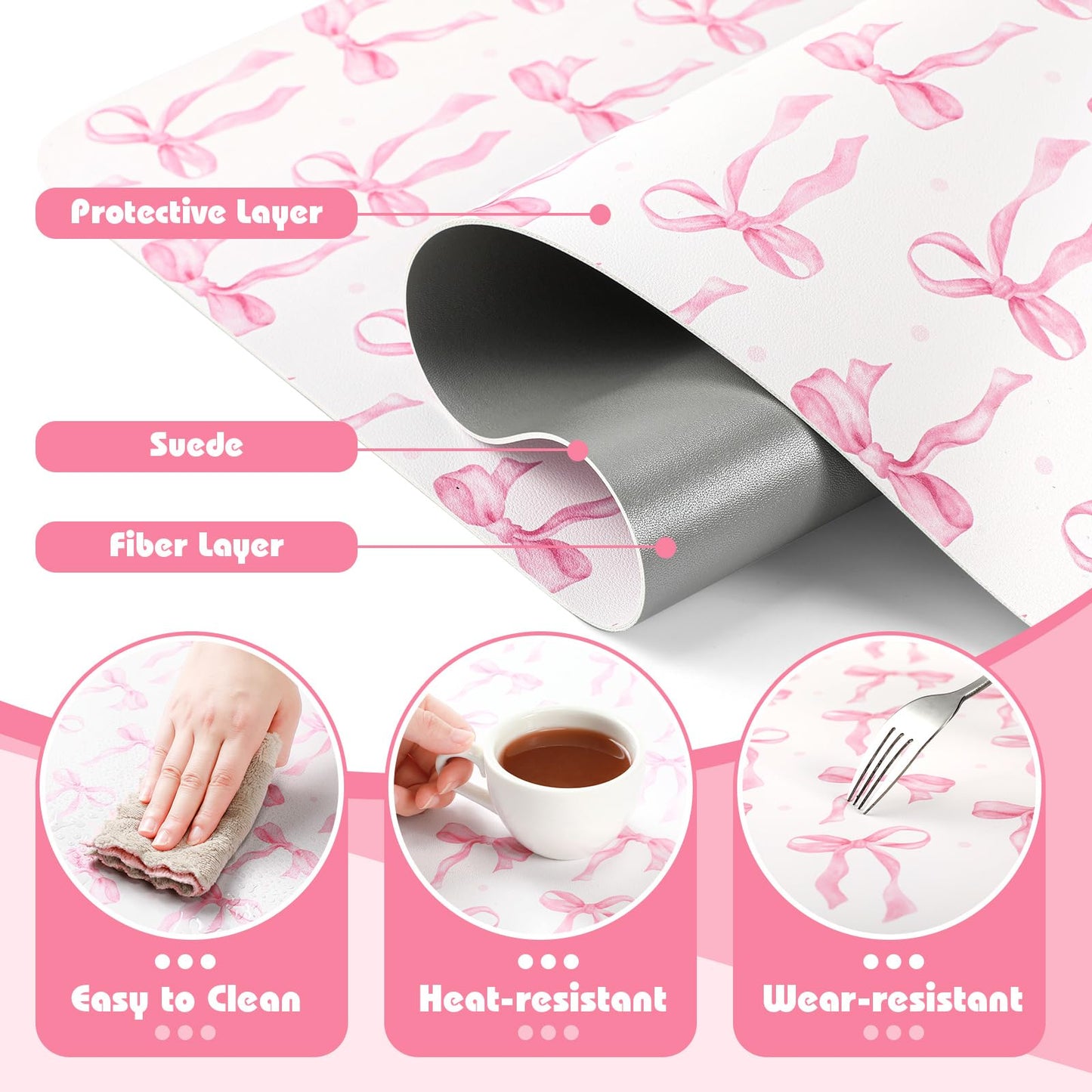 Teenyyou Coquette Bow Makeup Mat for Vanity Top Protector Back to School Gift 31.5" X15.7" Dual Side Leather Desk Mouse Pad Girly Waterproof Nonstick Dressing Vanity Cover for Women Home Office
