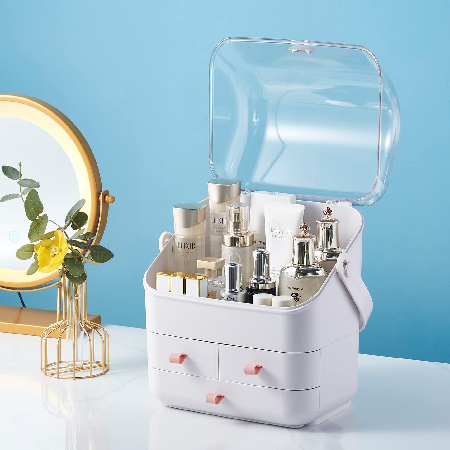 Large Makeup Organizer w Drawers Beauty Organizer Makeup Box Holder Vanity Organization Desk Countertop MakeUp Organizers Bathroom Counter Organizer Skincare Cosmetic Case Stand Dustproof Lid Gift