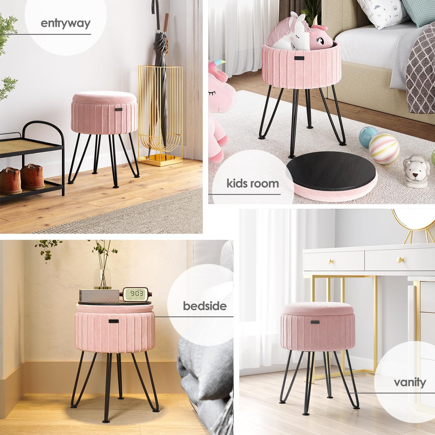 STORAGEBUD Round Ottoman with Storage, Pleated Velvet Storage Ottoman, Foot Stool Ottomans, Makeup Vanity Stool, Small Ottomans Foot Rest, Modern Vanity Stools for Living Room and Bedroom, Pink