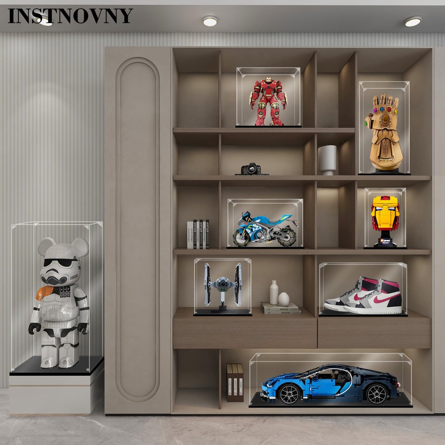 Instnovny Acrylic Display Case for Collectibles - Assemble Display Box for Lego 75292 Model Toys - Clear Case for Display Football Trophy Figures - Showcase (Black, 17.7x13.8x7.9 inch)