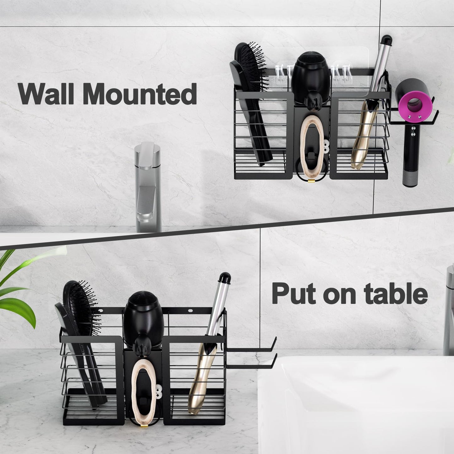 FUNKYLEE Hair Tool Organizer, 3 in 1 Metal Hair Dryer Holder Wall Mounted for Flat Iron, Curling Iron, Straightener, Styling Tools Bathroom Storage and Organizer (Black)