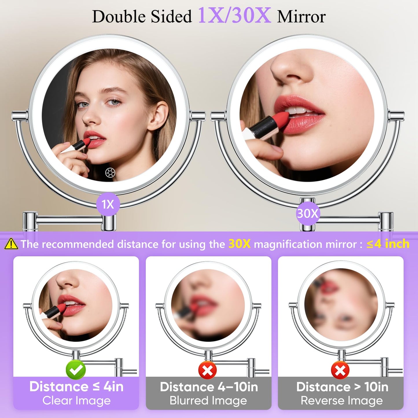 Wall Mounted Makeup Mirror with Lights, 30X/1X Double-Sided Magnifying, Plug-in Lighted Vanity Mirror with 3 Color Modes, Dimmable Brightness, 360° Swivel Extendable Arm for Bathroom & Grooming