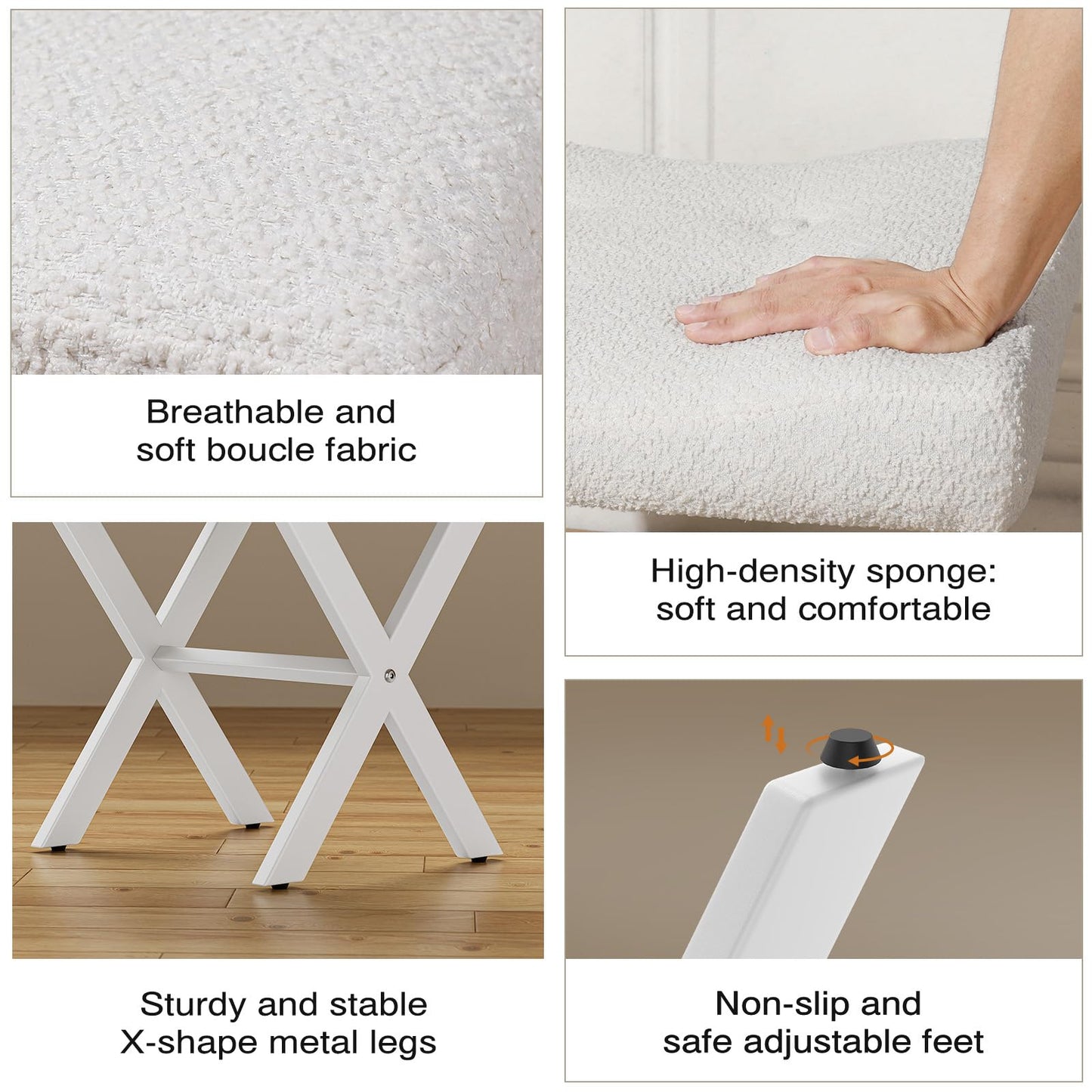 Memobarco 18-Inch Large Vanity Stool Chair, Vanity Bench with Metal X-Legs, Ottoman Accent Stool with Breathable and Soft Boucle Fabric Saddle Seat, White