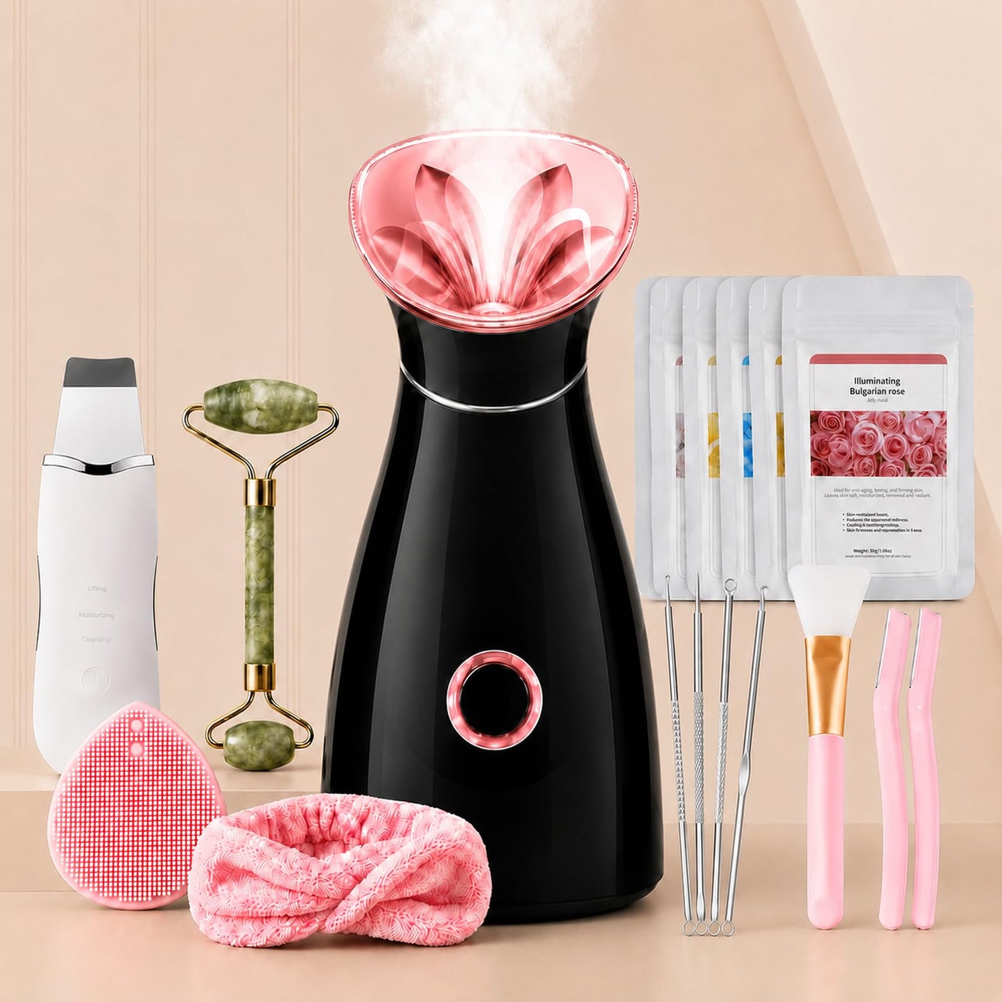 Facial Steamer Deep Cleaning Kit: Nano Ionic Face Steamer with 17 Skin Care Tools, Home Spa Skincare Set for Clean Refresh Repair, Unclogging Pores, Self Care Gifts for Women, Black Rose Gold