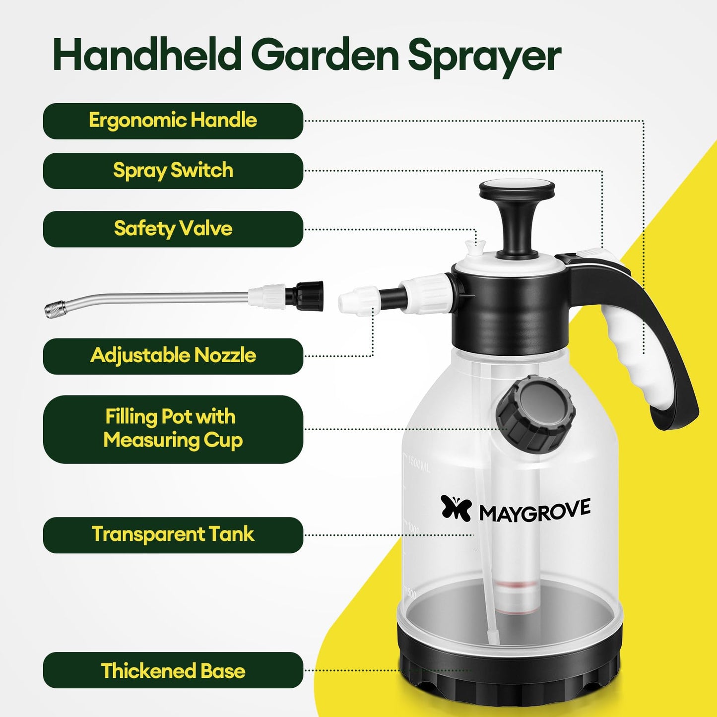 MAYGROVE 50oz Pump Sprayer, Hand Water Spray Bottle for Indoor Plant, Clear Plant Sprayer with Side Filling Port, Measuring Cup, Adjustable Nozzles, Safe Pressure Relief Valve