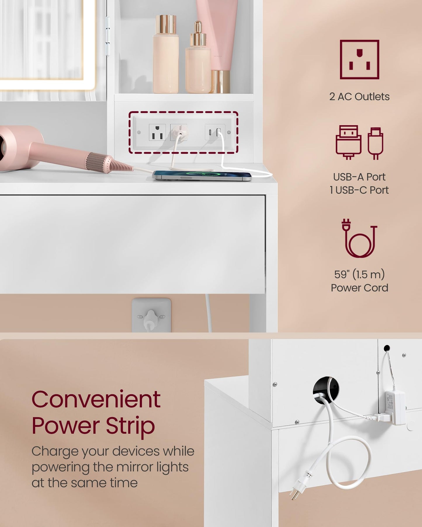 VASAGLE KAILYN Collection - Vanity Desk with Power Outlets, Makeup Vanity with Mirror and Lights, Upholstered Vanity Stool, 6 Compartments, 2 Drawers, for Bedroom, Cloud White URDT031WB02S