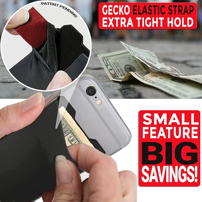 Gecko Travel Tech Double Pocket - Adhesive Card Holder - Cell Phone Pouch - Stick on Spandex Pocket - Carry Credit Cards and Cash (GRAY-BLANK-)
