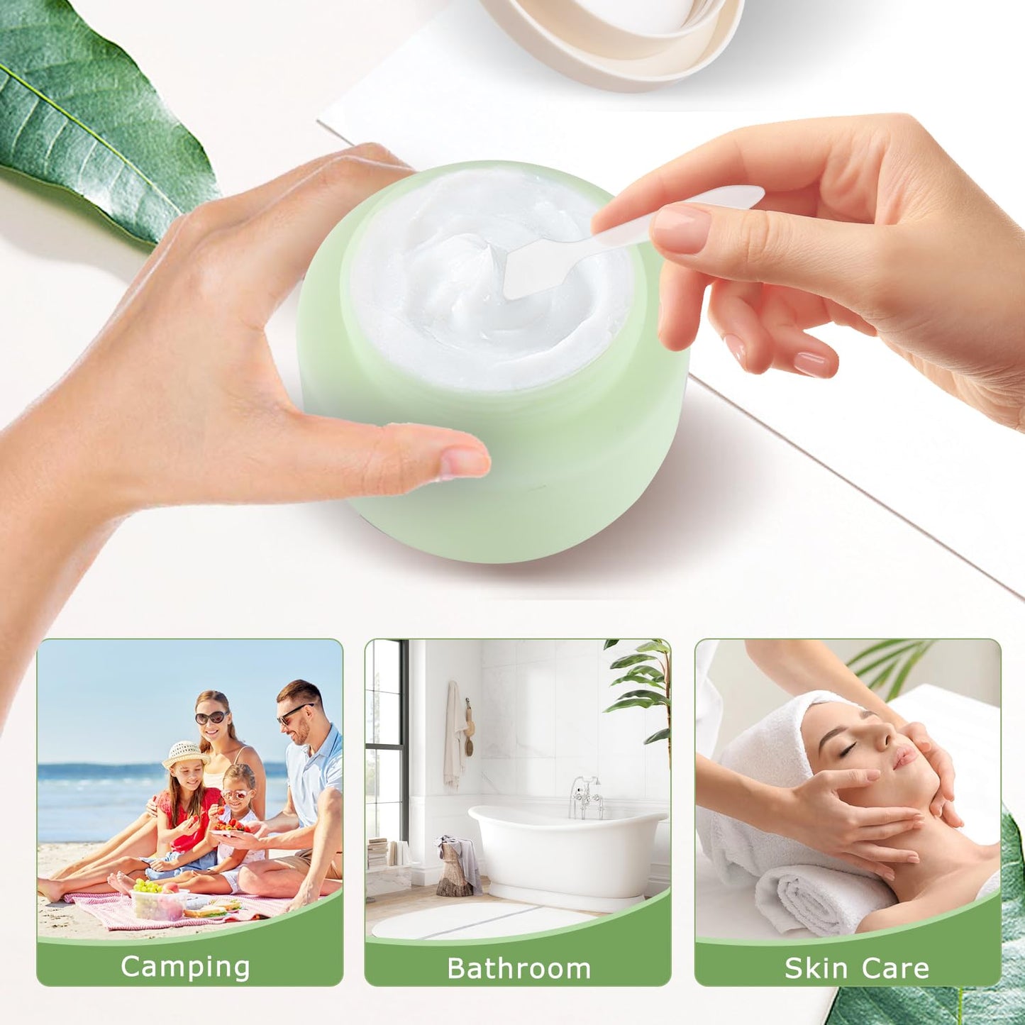 DynnnDy 6 Pcs 250ml/8oz Matte Green Plastic Cream Jars with 6 Spatulas Empty Refillable Facial Scrub Bottles Travel Size Cosmetic Containers for Powders Lotion Pills Jewelry Toiletries