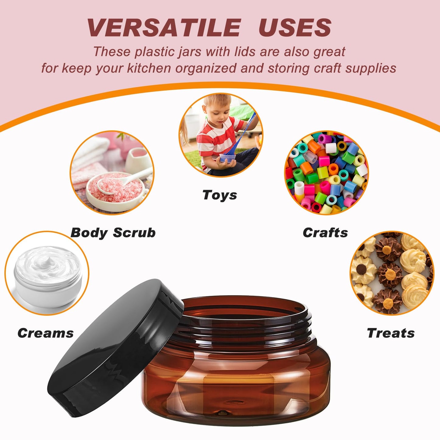 Tessco for you 48 Pack Plastic Jars with Lids Labels Multiuse Slime Containers Empty Body Scrub Jars Round Refillable Cosmetic Body Butter Container for Makeup (5 oz,Brown)