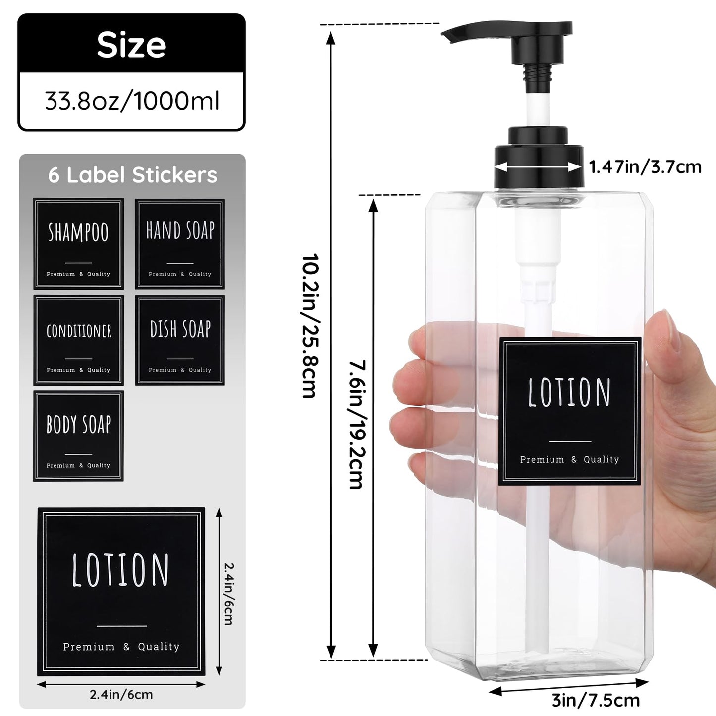 Segbeauty 33.8oz Plastic Soap Dispenser Bathroom, 2pcs Large Capacity Shampoo and Conditioner Dispenser, Square 1000ml Hand Soap Bottle Refillable, Clear Empty Pump Bottles with Waterproof Labels