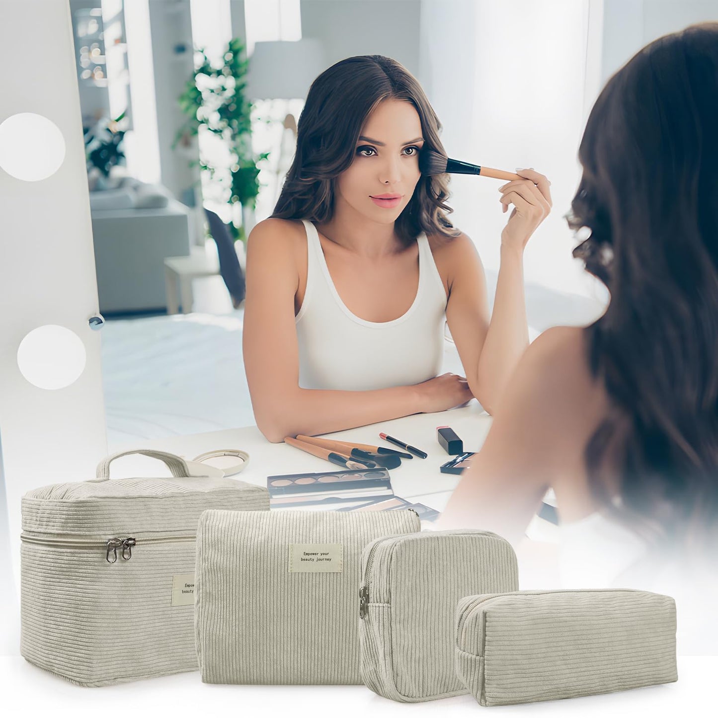 LVWNM 4 Pcs Makeup Bag for Women Corduroy Cosmetic Bag Aesthetic Cute Bags Multi Size Purse Pouch Travel Toiletry Bag Set Makeup Organizer with Zipper(Beige)