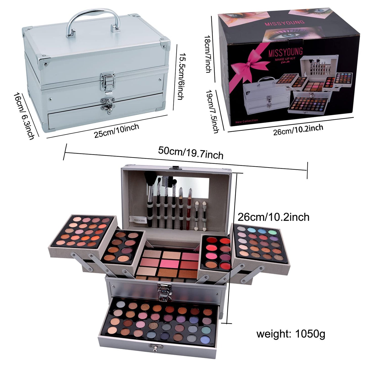 JasCherry All-in-One Make-up Box Set Multi-purpose Cosmetic Storage Beauty Case Professional Contain Eyeshadow Blusher Lip Gloss Cream Brow Powder Highlight and Makeup Pencil Brush #1