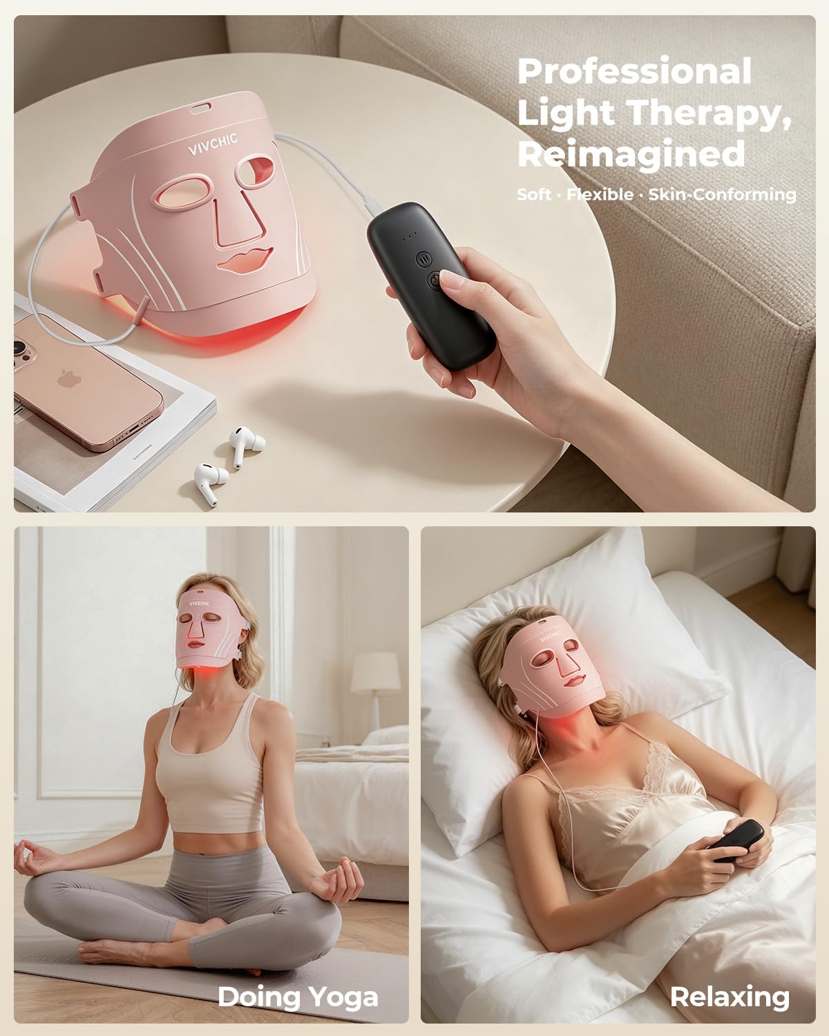 VIVCHIC LED Face Mask, FDA Cleared Red Light Therapy Mask with 62 LEDs & 496 Light Beams for Full Face Coverage, 630nm Red & 850nm Near Infrared Light, Anti Aging Skin Care Device